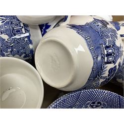 Large collection of blue and white ceramics, to include Spode Italian pattern with blue mark, Wood and Sons Yuan, pickle dish, Delft style etc, dinner plates, tea wares, bowls etc in six boxes