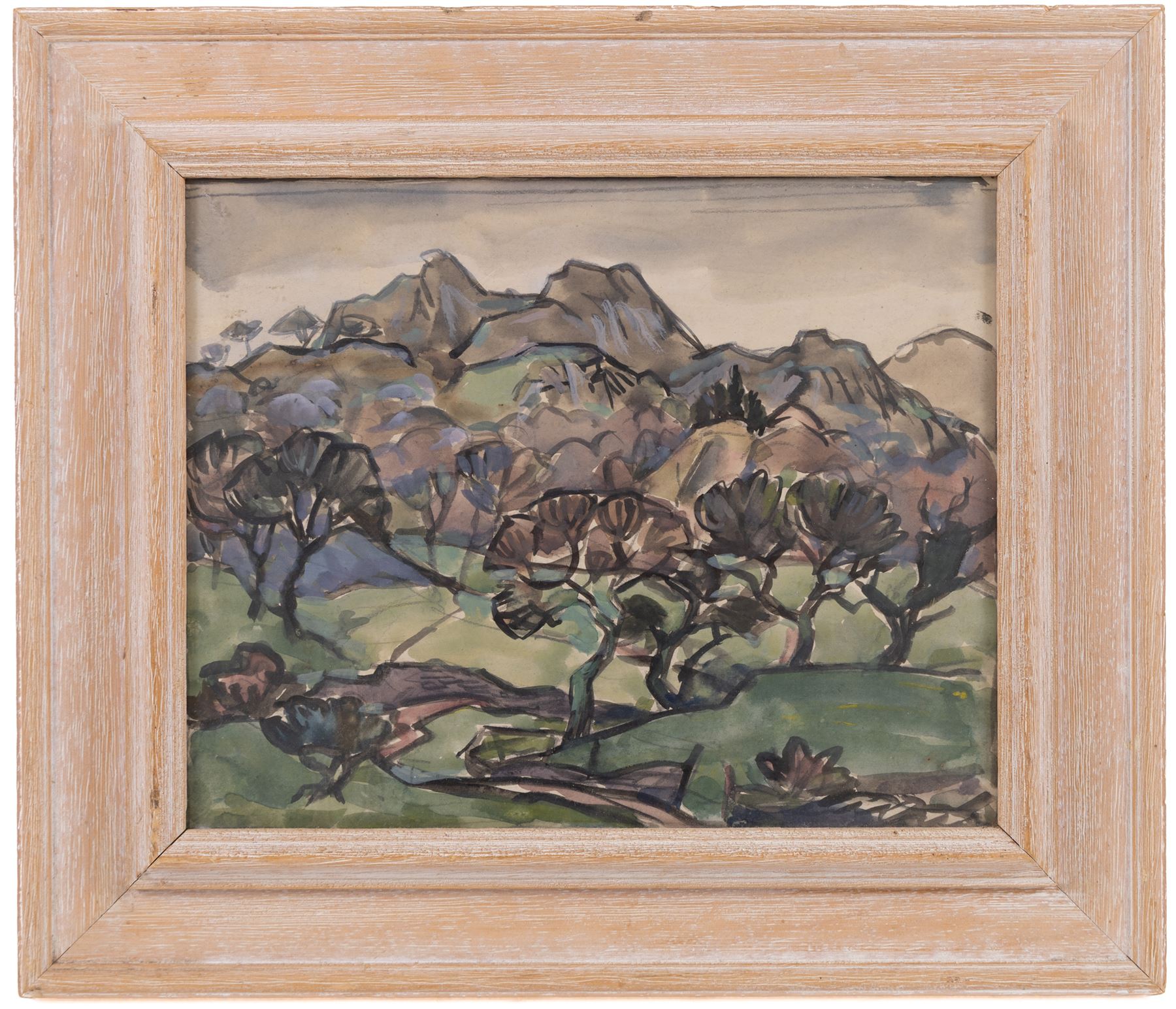 Helen Marguerite Steinthal (British 1911-1991): Forest Before the Hills, watercolour unsigned, attributed verso 23.5cm x 29cm; English School (Mid-20th Century): Bridge in the Town, watercolour unsigned 23cm x 28cm  (2)