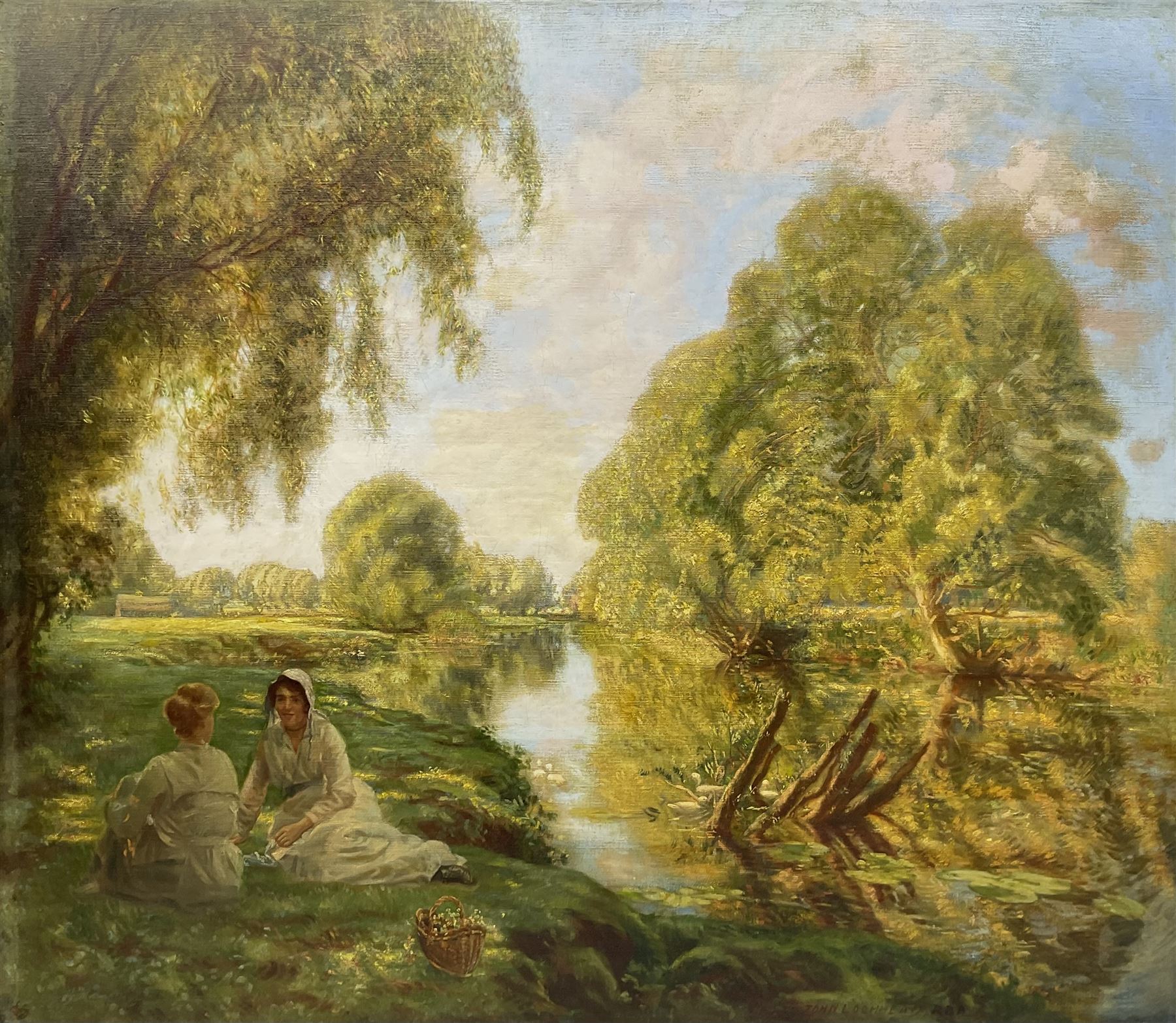 John Lochhead RBA (Scottish 1866-1921): 'Land of Happy Dreams' on the banks of the Great Ouse, oil on canvas signed, titled and dated 1920 verso 107cm x 122cm (unframed)
Notes: period newspaper cutting verso giving details of the artist's studio and referring to the 'Land of Happy Dreams' as his largest work