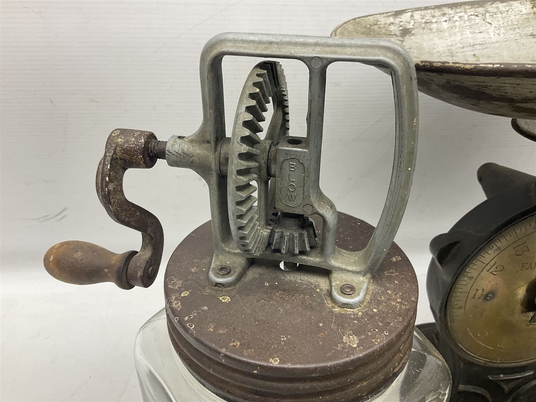 Glass jar hand crank Slow Butter Churn, together with Salter's scales, pair of brass candlesticks etc