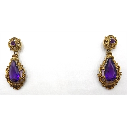  Pair of gold (tested 9ct) amethyst pendant ear-rings  