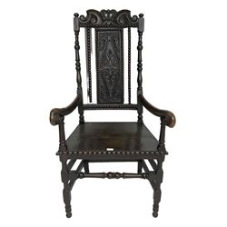 18th century and later open armchair, crown and scroll carved pediment over foliate s-scroll carved panelled back, turned uprights, decorated with applied beadwork, down swept arms with scroll carved terminals, on turned supports jointed by plain stretchers and turned front rail