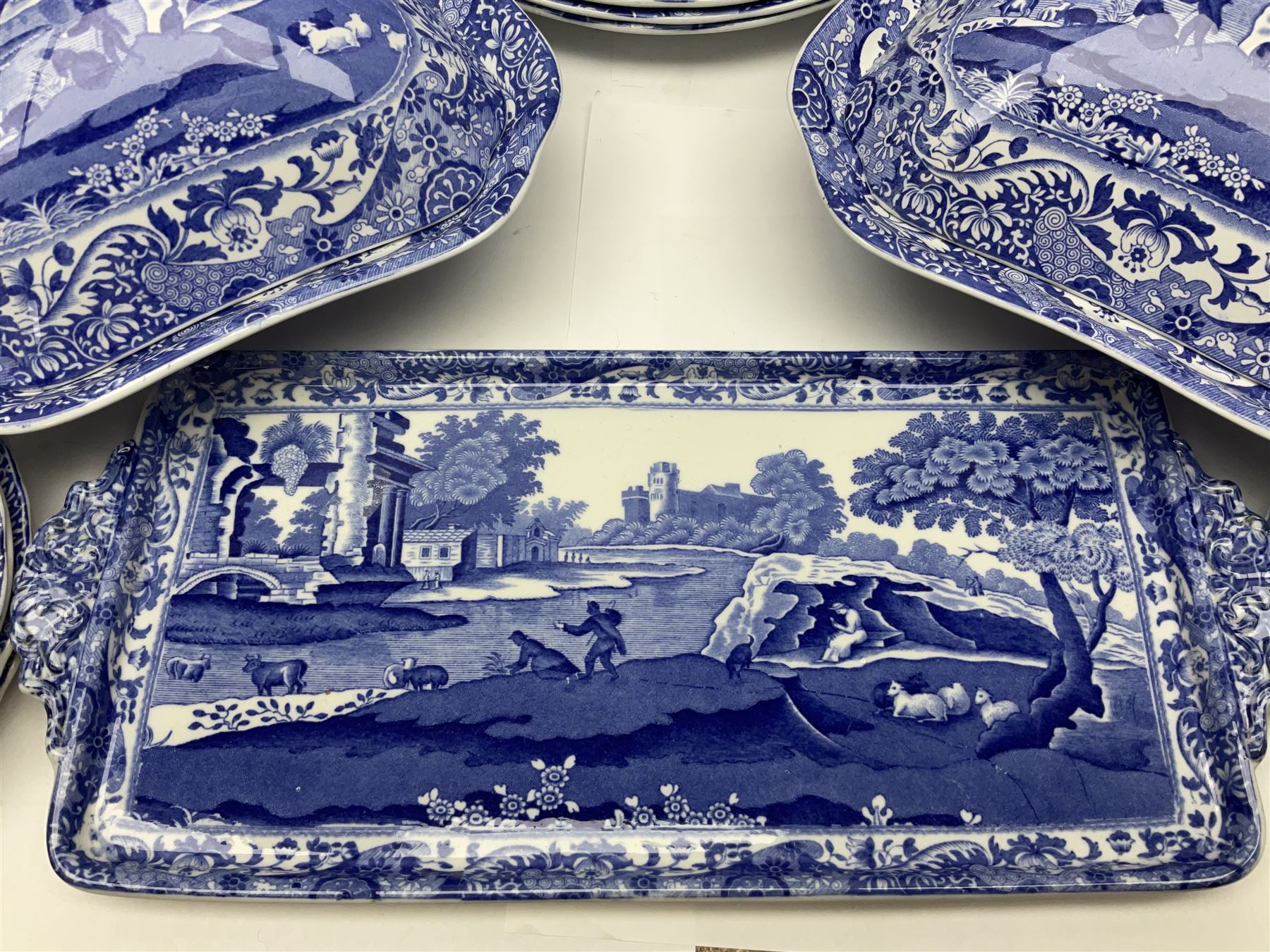 Copeland Spode Italian pattern dinner wares, including two tureens and covers, four serving dishes, six dinner plates, four side plates etc, all with blue printed marks beneath