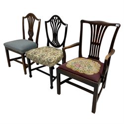 Early 19th century elm side chair, shaped cresting rail over vasiform splat with pierced decoration (W53cm, H96cm); Hepplewhite period mahogany side chair, shield back with pierced splat, on square tapering supports with spade feet (W55cm, H99cm); George III walnut elbow chair, shaped cresting rail and moulded frame, upholstered drop-in seat, on square supports with inner chamfer (W59cm, H95cm) (3)