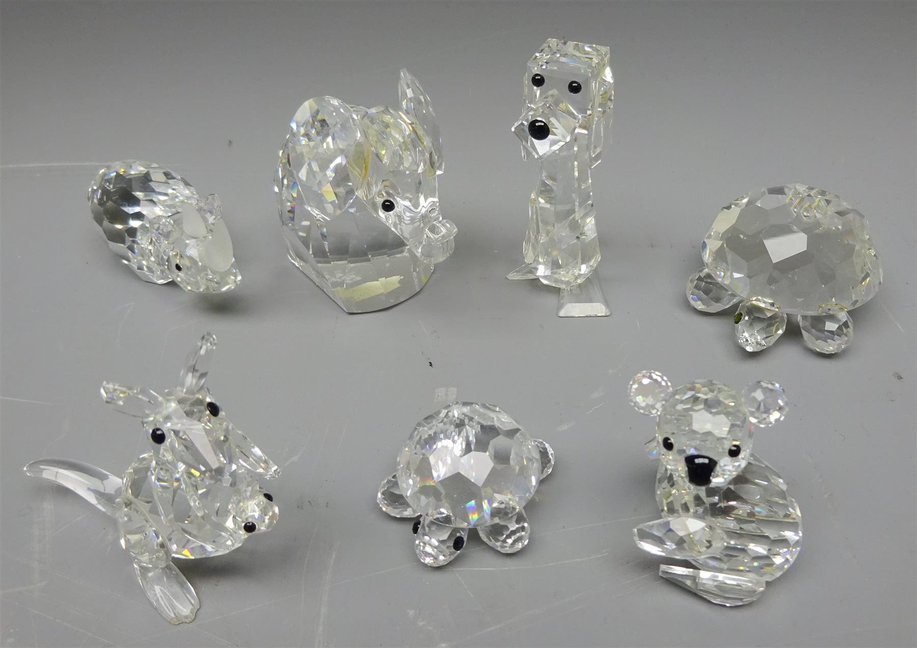 Seven Swarovski crystal animals, two graduating Tortoise, Elephant,  Rhinoceros, Dog, Kangaroo and Koala (7) - Antiques & Interiors