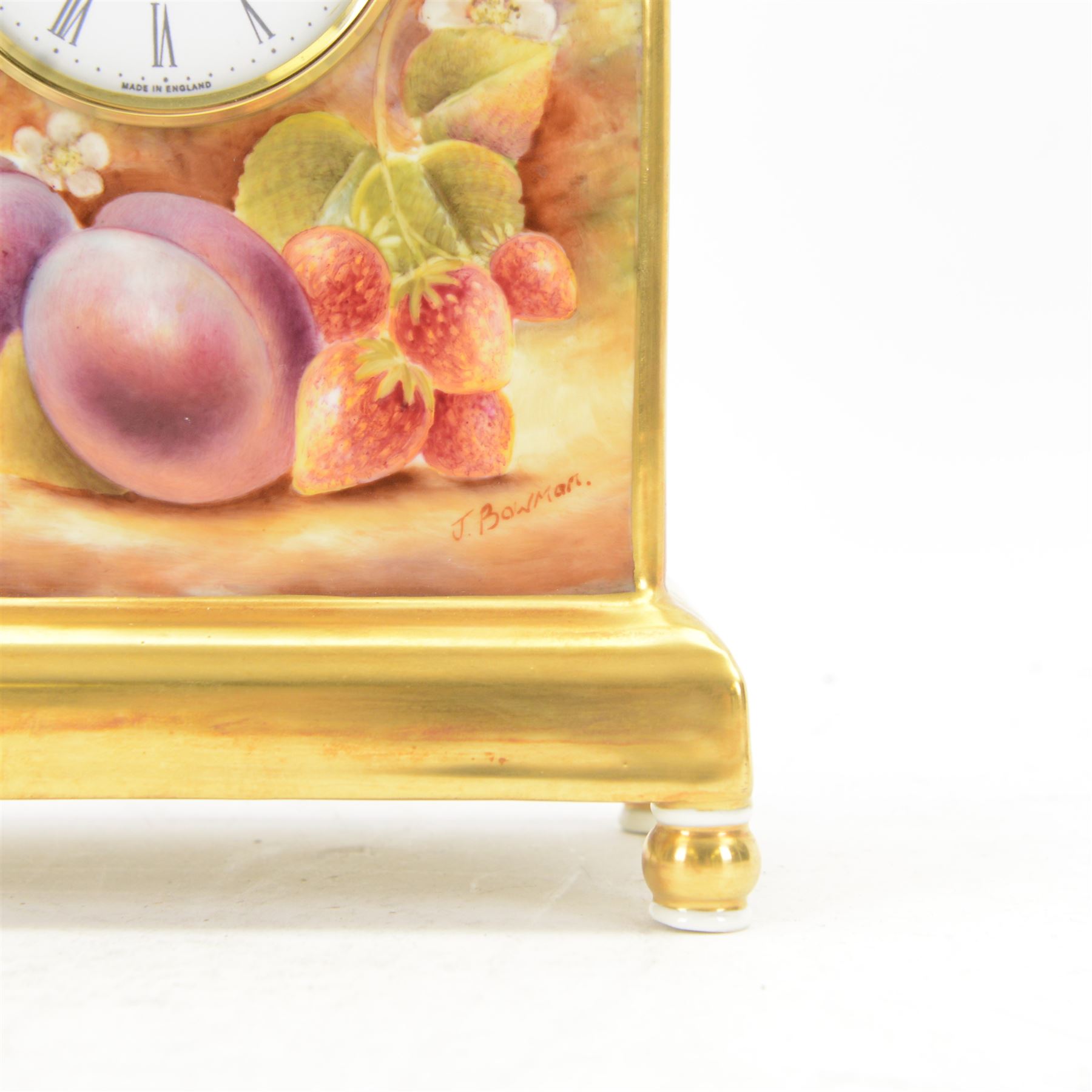Late 20th century limited edition Royal Worcester mantle clock, hand painted by Jason Bowman with a still life of fruit upon mossy ground, signed J Bowman, with marks beneath including limited edition no 53/200, H27cm, with makers fitted card box 