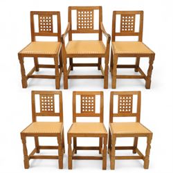 Mouseman - set of six oak dining chairs (5 + 1), pierced and carved lattice back over leat...