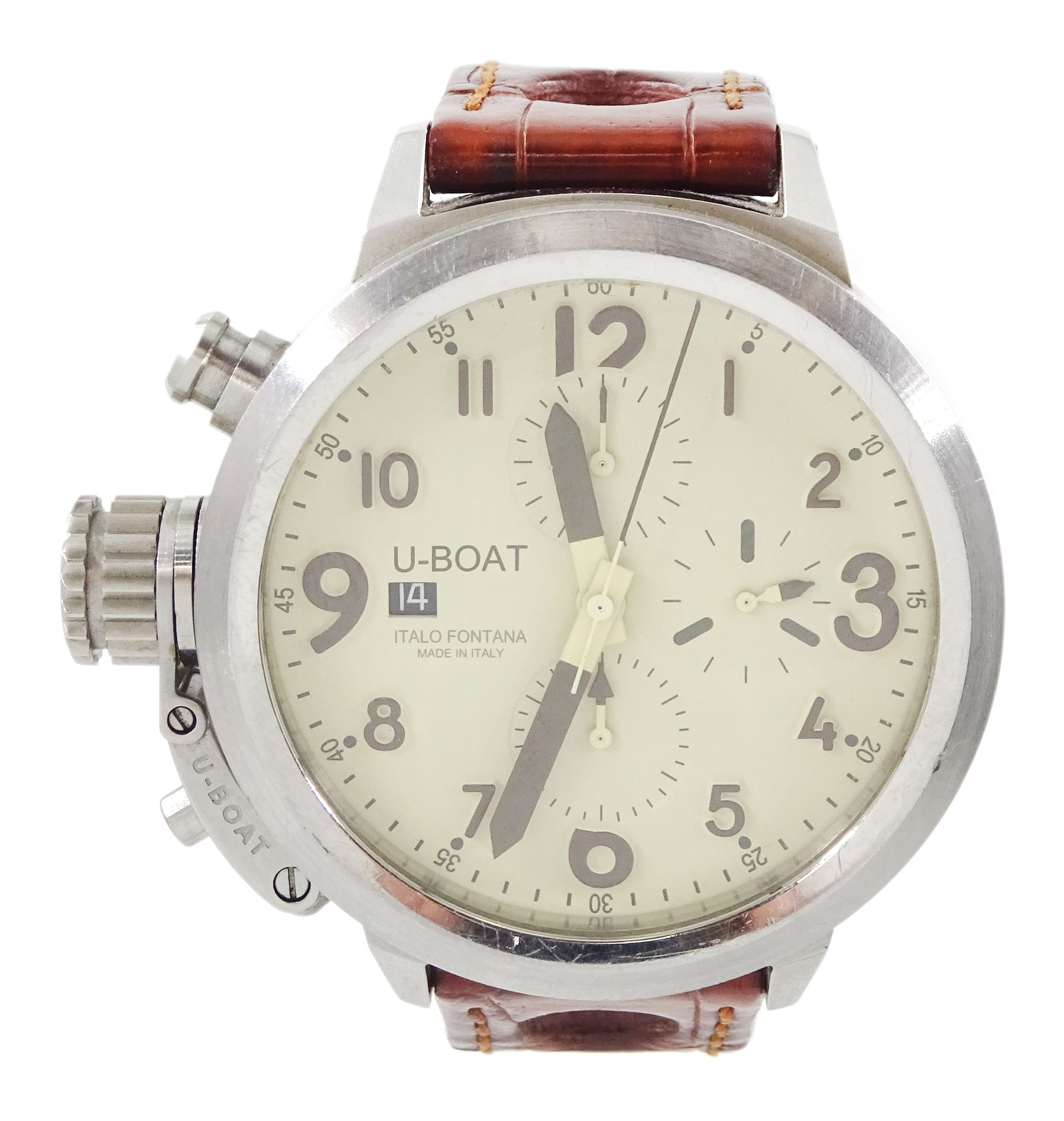 Italo Fontana U-Boat Flightdeck Cas Beige gentleman's stainless steel automatic watch, Ref. 7117, cream dial with Arabic hour markers and three subsidiary dials, on original brown leather strap, boxed with warranty card dated 2014