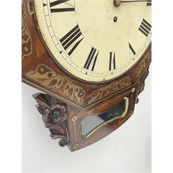 19th century mahogany cased drop dial wall clock, circular Roman dial in octagonal frame inlaid with brass work, carved flower head and foliage brackets, single fusee movement 