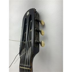 19th century Continental parlour guitar for restoration or display, with maple back and sides,  spruce top, scalloped neck and bone pegs; bears inset plaque to head 'Lapaix Paris 1830' and 'John Eastwood Teacher of the Guitar' paper label with manuscript note 'Fine Old Guitar Restored 1888 by JCB Leeds' L92cm