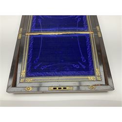 Victorian burr walnut writing slope, with mother of pearl escutcheon, the hinged lid with inlaid with vacant mother of pearl cartouche, opening to reveal two recesses containing glass inkwells with brass lids and a blue velvet and gilt writing slope, with key, H15cm