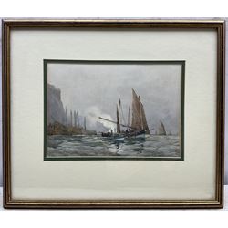 Albert George Strange (British c1855-1917): Fishing Boats outside Scarborough Harbour, watercolour signed 17cm x 24cm 
Notes: this is view prior to the start of the construction of the Marine Drive in 1897. Strange had taught at South Kensington and Liverpool Art Schools before being appointed Head of the newly founded Scarborough Art School in 1882, an appointment he held until 1916. An outstanding teacher, among his many pupils was Frank Henry Mason.
