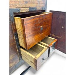 Late 19th century Japanese tansu chest, crafted with a cedar frame and cypress wood panels, original iron fittings throughout, comprising a single long drawer above smaller drawer and hinged cupboard door enclosing two smaller internal drawers and storage compartment, mounted on a bespoke black metal stand