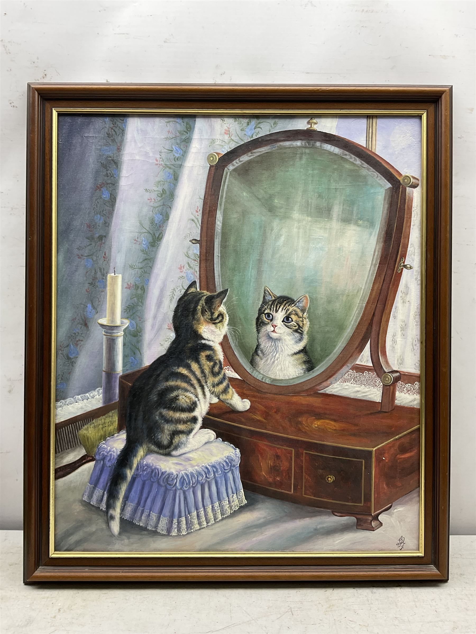 Graham Flight (20th century): Cat at the Dressing Mirror, oil on canvas signed with initials 60cm x 50cm