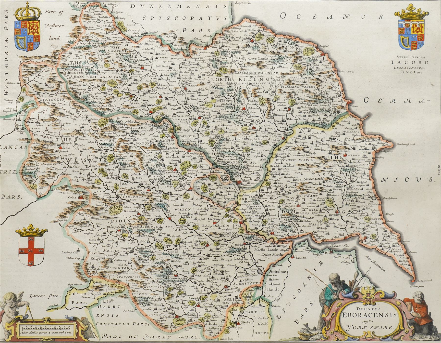 Johannes (Joan) Blaeu (Dutch 1596-1673): 'Ducatus Eboracensis Anglice Yorkshire', 17th century engraved map of Yorkshire with hand-colouring pub. Atlas Novus c.1645, 40cm x 51cm