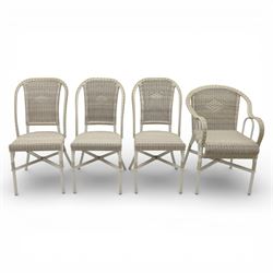 Kok Maison - 20th century French wicker chairs, set of eight including two carvers, with arched woven backs and seats in close cane weave, the frames painted cream, the arms with wrapped wicker detail, raised on turned supports united by cross shaped stretchers