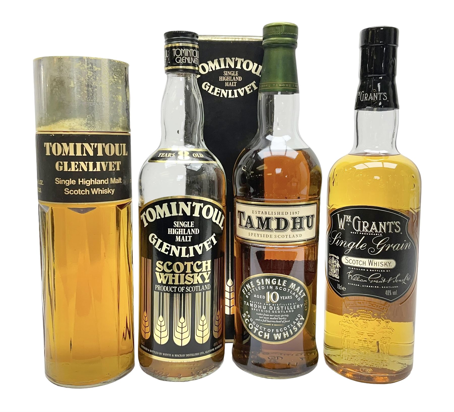 Tomintoul Glenlivet, single highland malt Scotch whisky, 1980s perfume bottling, Tomintoul Glenlivet, 8 Years Old, single malt Scotch whisky, Tamdhu, 10 year old, single malt Scotch whisky and W.M Grants, single Scotch whisky, various contents and proof 