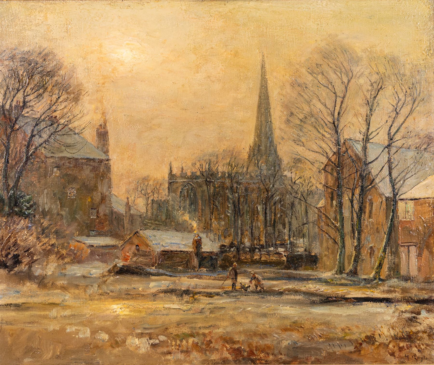 Herbert F Royle (British 1870-1958): 'Winter Sunset - Sefton', oil on canvas signed, titled verso 50cm x 60cm 
Notes: the church in the background is the Church of St Helen; to the left is Sefton Mill, now demolished, and the building to the right is now The Punchbowl pub.