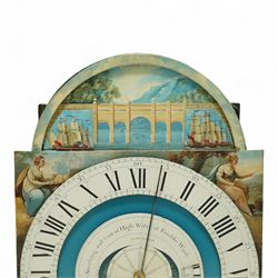 Thomas Emberson of Long Sutton (Lincolnshire) - Early 19th century longcase clock c1810 with a 30hr movement and an exceptionally rare 24-hour painted dial, housed in an ebonised Pine case with a flat pediment and break arch hood door, glazed side panels and turned pilasters with brass Corinthian capitals, trunk with a long door and conforming break arched top raised on a stepped plinth, fully painted dial with painted spandrels representing the four seasons and an operating automata depiction of ships at sea, rising and falling with the time of high and low water to the arch, with a 24-hour chapter with Roman numerals, five minute Arabic's, minute and inner quarter hour tracks, steel radial minute hand and image of the sun recording the hours, secondary inner dial illustrating the phases of the moon and lunar calendar recording the date and times of high and low water at Fosdike Wash (Lincolnshire), with an adjustable circular disc to the centre giving the times of high water at seven other locations including the Northern Pacific Ocean, dial attached to a countwheel striking chain driven movement, sounding the hours on a bell. With weight and pendulum.
Thomas Emberson is recorded not as a clockmaker but a machine maker from Long Sutton. This clock is also thought to have originally contained a musical movement, now removed, and was clearly an individual project possibly based on an earlier clock by John Ferguson illustrated in 