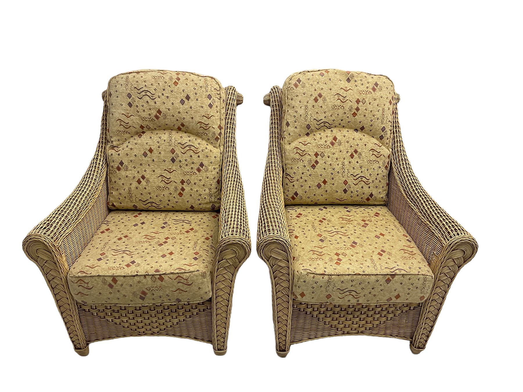 Four piece cane conservatory suite - two seat sofa (W130cm), pair of armchairs (W85cm), and coffee table (85cm x 60cm)