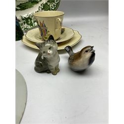 Group of ceramics to include Beswick cat, Goebel bird, 19th century blue and white shallow bowl (a/f), Royal Albert teacup, Coalport,
pair ceramic cockerels in duck egg green colourway, art glass scent bottle with mark to base etc