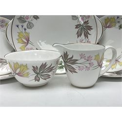 Shelley Columbine pattern part tea service, comprising four cups and saucers, four dessert plates, cake plate, milk jug and open sucrier