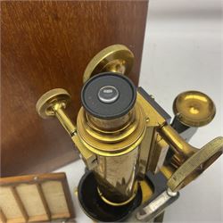 W. Watson & Sons Ltd lacquered brass compound microscope circa 1910, the back foot signed W. Watson & Sons Ltd, 313 High Holborn London and numbered 8193, together with a boxed collection of glass microscope biological sample slides