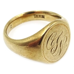  Gold signet ring, inscribed CJN, hallmarked 9ct, approx 9.8gm  