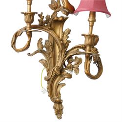 Rococo design gilt metal wall sconce, wired for electricity, with shades, including shade H61cm 