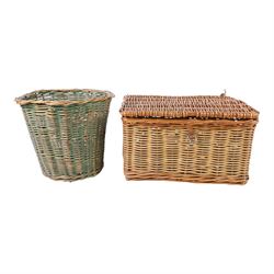 Wicker picnic hamper together with wicker waste basket, Barr & Stroud and Carl Zeiss 8x30 binoculars in leather cases; early 20th cent. inlaid mahogany mantel clock, 1950's 'York County Savings Bank' money box, green glass fishing floats etc. 