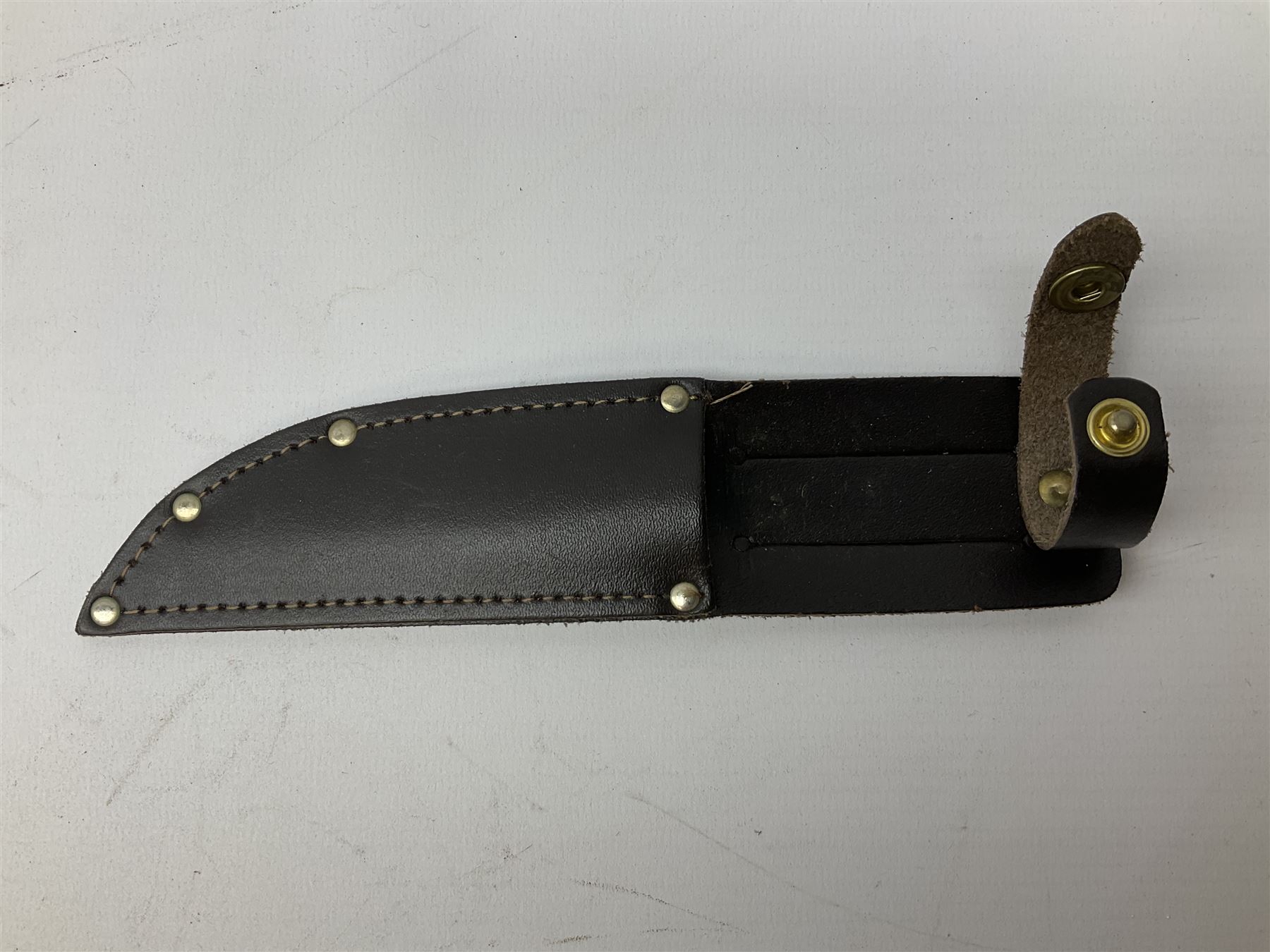 Three hunting knives, each blade marked A. Wright & Sons Sheffield, one with leather handle, one with horn handle and one with antler handle; each with leather sheath (3)