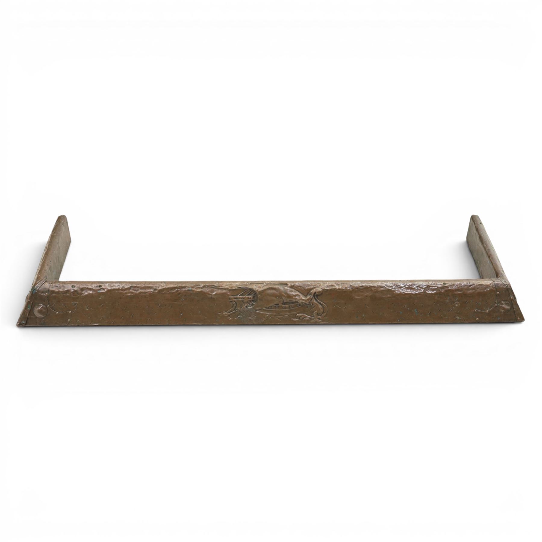 Arts & Crafts copper fire fender, with central ship scene, riveted corners