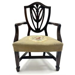 19th century Hepplewhite style shield back child’s chair, embroidered monogrammed seat, square tapering and fluted supports