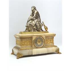  19th century gilt metal and alabaster figural mantel clock, surmounted by a silvered model of Sappho after Schoenewerk, silvered dial with gilt Roman numerals inscribed Auguste Emaine, case with gilt frieze, laurel leaf mounts and paw feet, twin train movement stamped Grenier Paris, 289, striking the half hours on a bell, H45cm, W42cm   