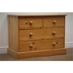  Solid Pine chest of two short and two long drawers, plinth base, W91cm, H69cm, D50cm  