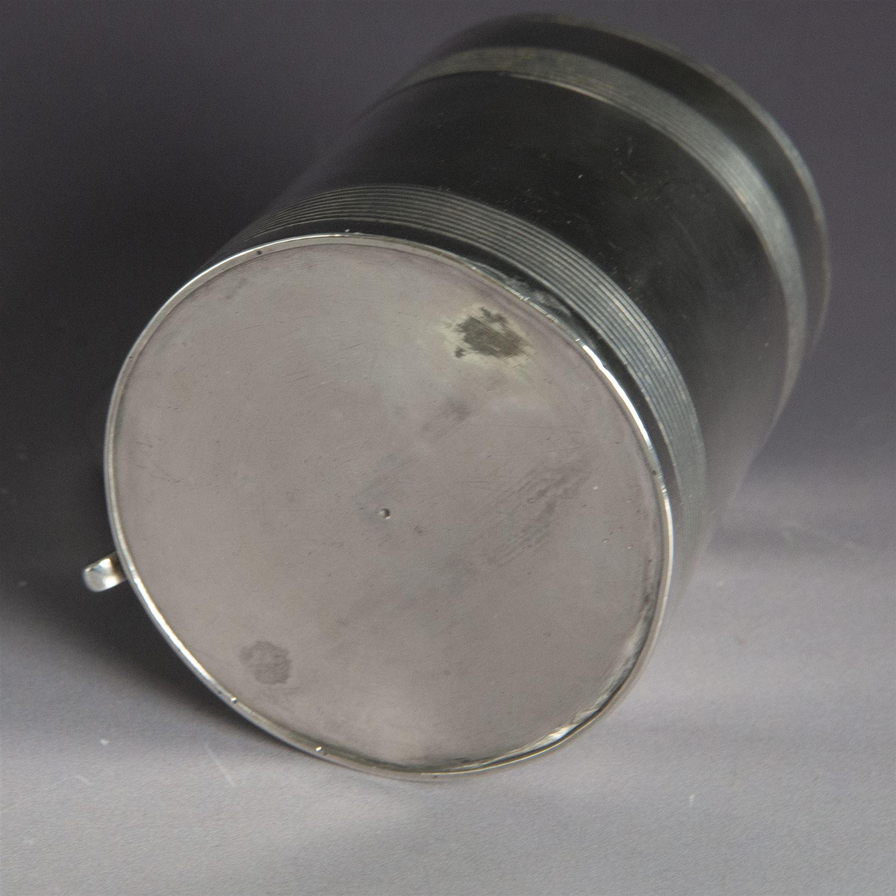 George III silver christening mug, of cylindrical tapering form, with banded decoration and scroll handle, the body with later presentation engraving, hallmarked London 1799, maker's mark worn and indistinct, H8cm