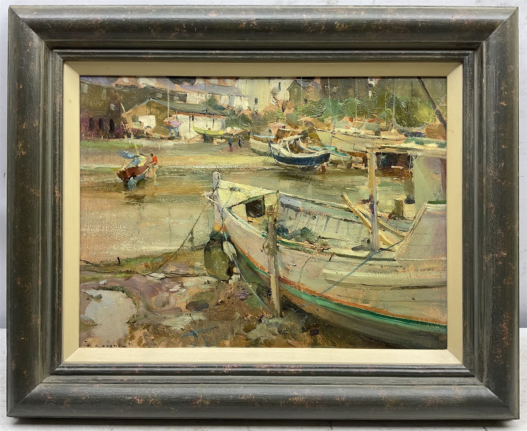 David Jan Curtis (British 1948-): 'Harbour Study - Abersoch' Wales, oil on board signed and dated '91, titled verso with personal dedication from the artist to Shirley Rigg, wife of Jack Rigg 29cm x 39cm 
Provenance: from the collection of the artist Jack Rigg (1927-2023)