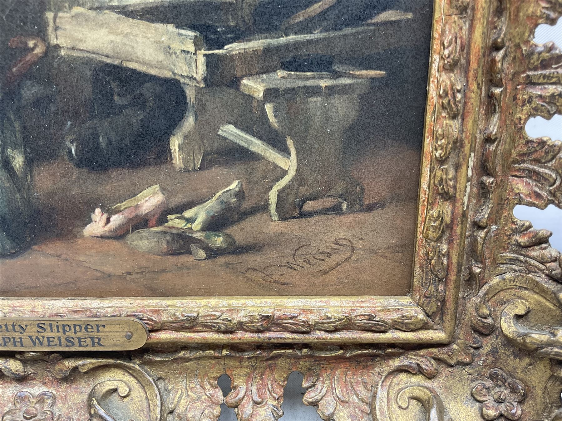 Joseph Emanuel Weiser (German 1847-1911): 'A Pretty Slipper' and 'A Pinch of Snuffe', pair oils on panel signed, titled on plaques 30cm x 23cm (2) 
Provenance: with M Newman Fine Art, London and J & W Vokins, London, labels verso