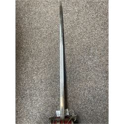 George V basket hilted broad sword with engraved blade, wire wound fish skin grip and field service scabbard, blade length 83cm