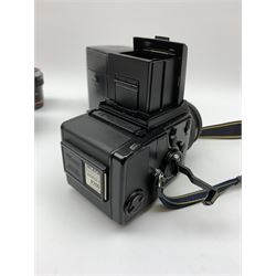 'Zenza Bronica SQ-B' camera fitted with 'Zenza Bronica Zenzanon-PS 1:28 f=80mm' lens, 'Zenza Bronica Zenzanon-PS 1:4 f=150mm' lens and 'Zenza Bronica Zenzanon-S 1:35 f=50mm' lens, with an instruction booklet