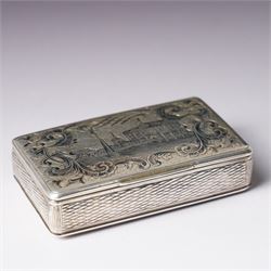 19th century Russian silver and niello work snuff box engraved with a view possibly of St Petersburg, Moscow assay, 84 standard
