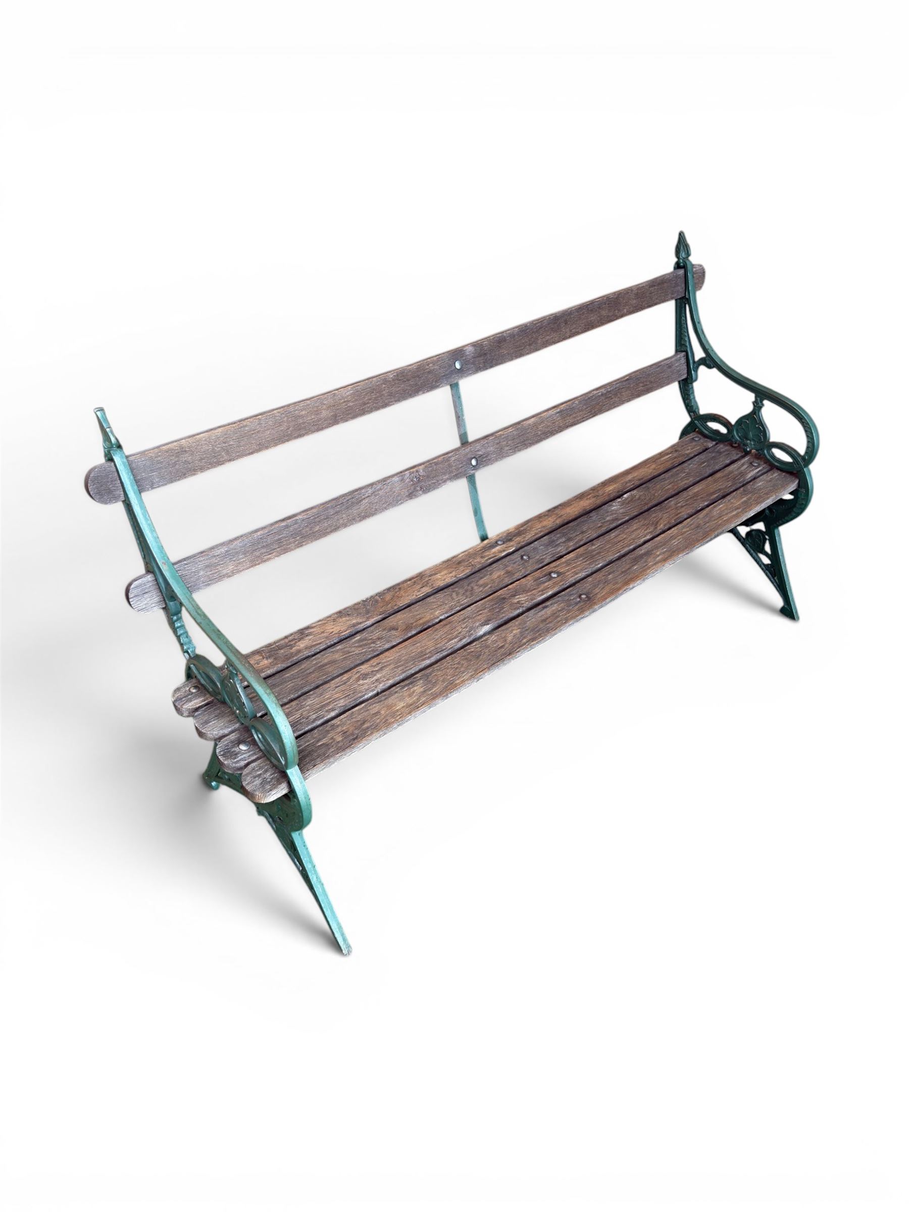 Coalbrookdale - Lily Pad design cast iron an wood slatted garden bench, late 19th century Aesthetic Movement, no. 217569, painted in green with iron centre support and seat stretcher, hardwood slatted