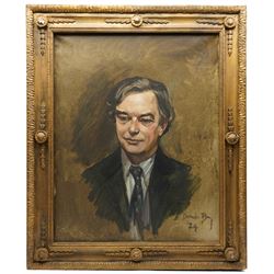 Brenda Bury (British 1932-): Members of European Parliament - 'Frederick Ponsonby 10th Earl of Bessborough' 'Rafton Pounder' 'Sir James Scott Hopkins' 'William Murray 8th Earl of Mansfield & Mansfield' 'John Brewis' and 'Peter Kerr 12th Marquess of Lothian', set of six oils on canvas variously signed, one dated '74, in matching frames, 76cm x 59cm (6)
Provenance: Property of a Nobleman.
