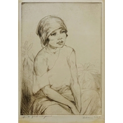  Portrait of a Girl, etching indistinctly signed Eileen Coe?, Choir Boy, pastel drawing signed by Judy Smith, Donkey Rides, print signed by John S Gibb and Posting a Letter, watercolour unsigned max 53cm x 39cm (4)  