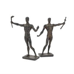 Composite cast bust of Hitler, together Third Reich Nazi German style desk stand depicting the national eagle and swastika on a black stone base, together with two other figures, bust H17cm 