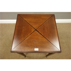  Edwardian mahogany and satinwood banded envelope card table, baize lined interior with sunken counter wells, single drawer, on square tapering supports with castors, 51cm x 51cm, H71cm  