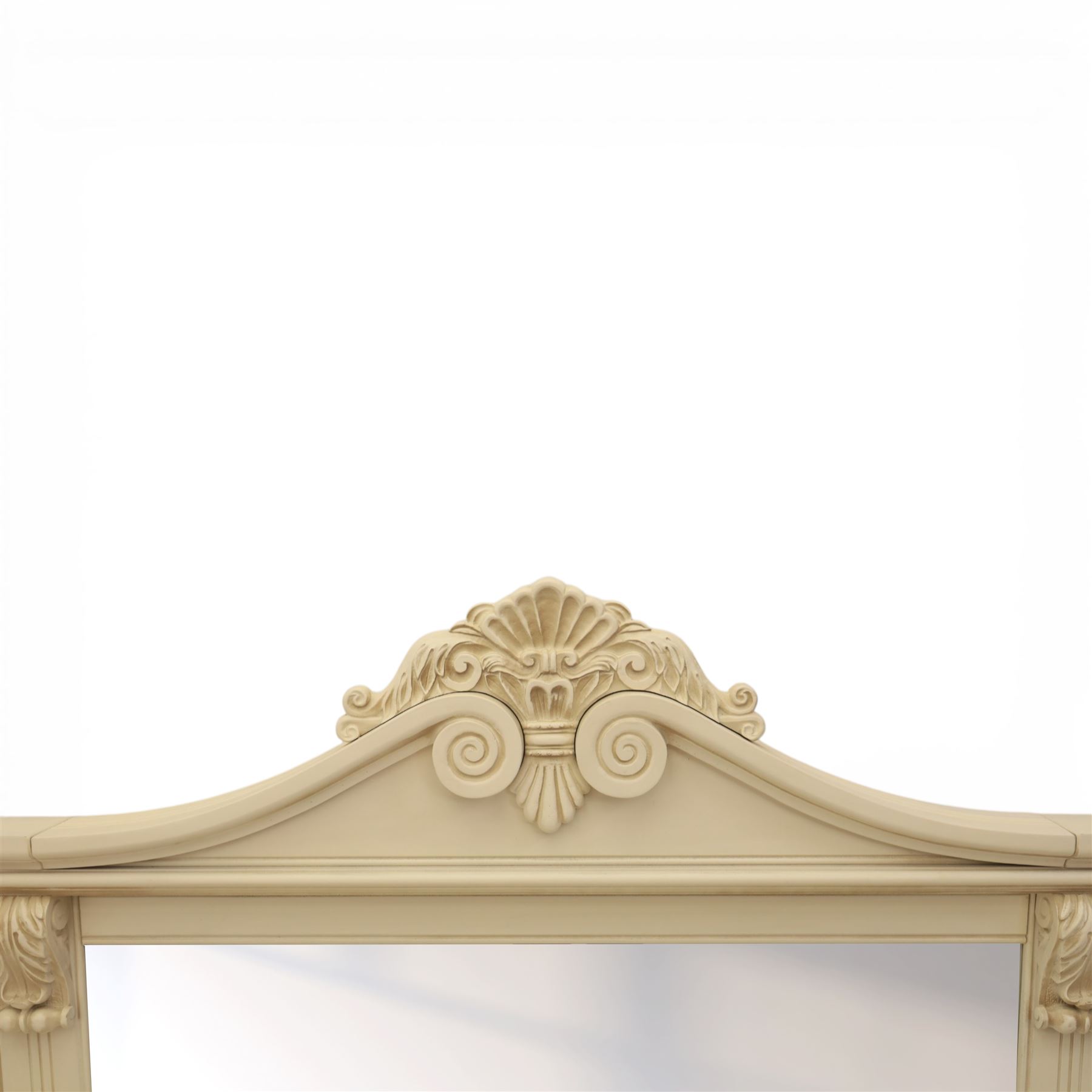 Contemporary French design white painted bedroom suite retailed by Barkers of Northallerton, comprising wide chest fitted with four short and four long drawers with oval brass handles (H 70cm, W 159cm, D 46cm), pair of bedside chests each fitted with three drawers (H 62cm, W 40cm, D 46cm), dressing table fitted with four short drawers and central kneehole with shaped apron (H 79cm, W 131cm, D 46cm) with matching framed wall mounted mirror (H 100cm, W 113cm), and full length standing mirror (H 175cm, W 73cm)