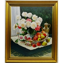  Gregori (Lysechko) Lyssetchko (Russian 1939-): Still Life of Flowers Fruit and Tea ware, oil on canvas signed and dated 2001, 72cm x 59cm   