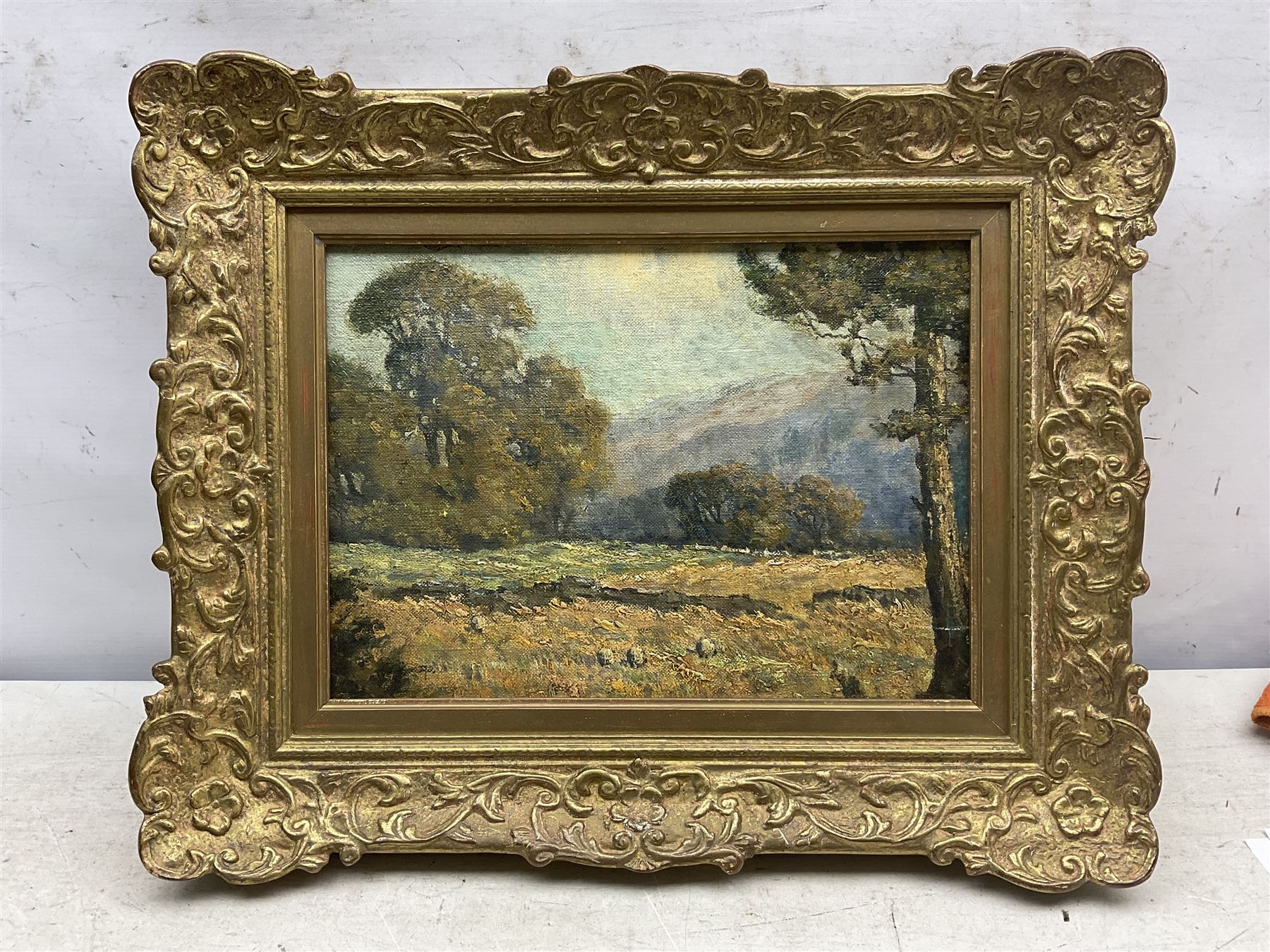 English School (20th century): Sheep in a Field, oil on canvas indistinctly signed 22cm x 31cm 