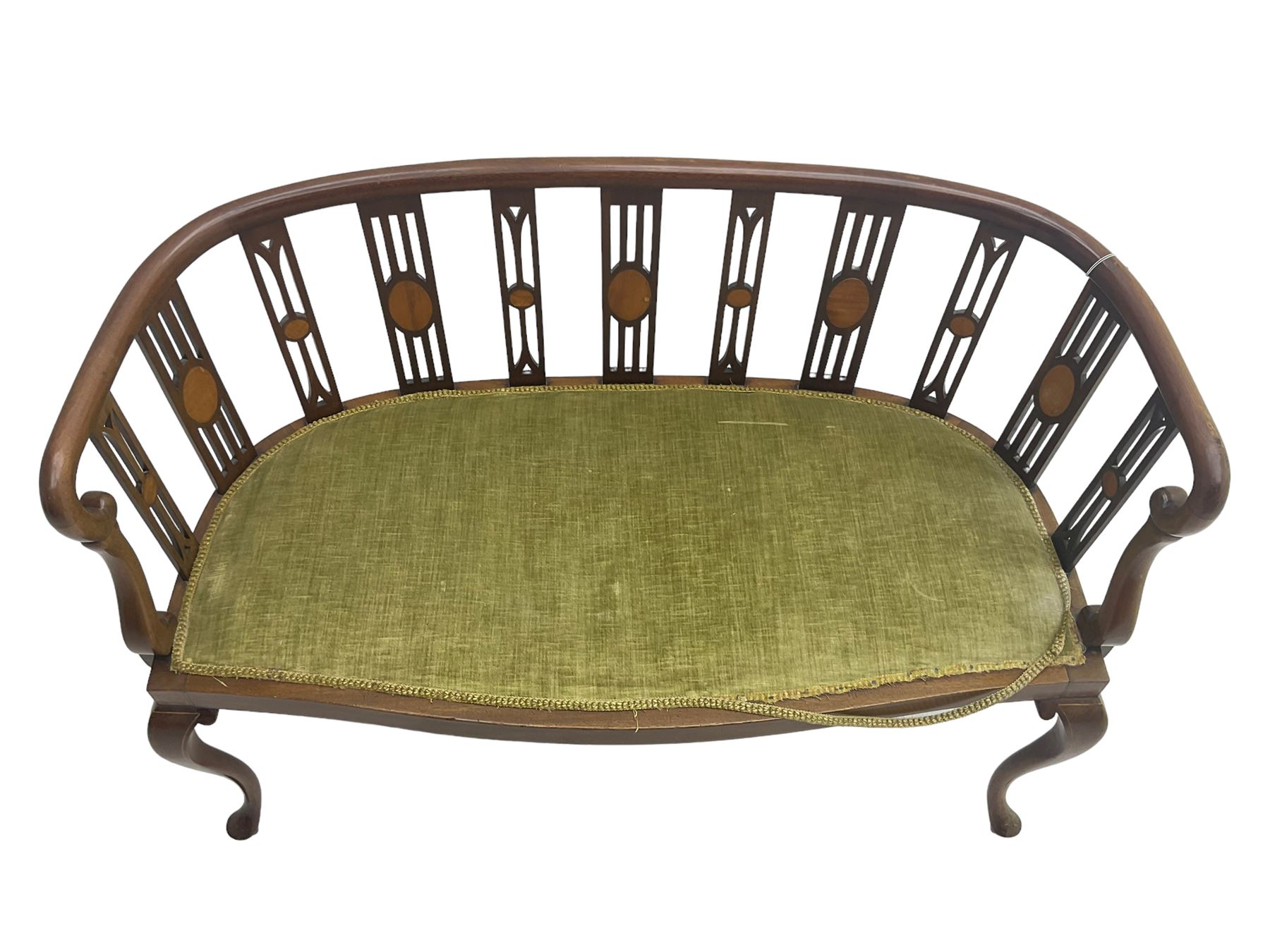 Edwardian inlaid mahogany salon settee or bench, the pierced and inlaid splat back over serpentine front, seat upholstered in laurel green velvet, raised on cabriole supports with satinwood stringing